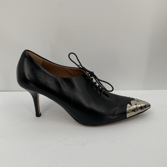 Adami pointed toe black leather oxford heels shoes silver filigree witchy 38 7 - Picture 1 of 6